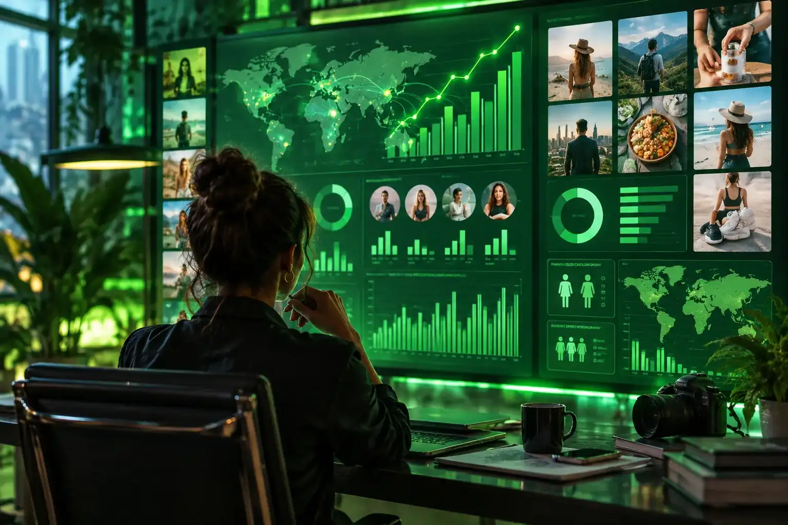 Bright green social analytics dashboard with charts, topics, and audience insights.