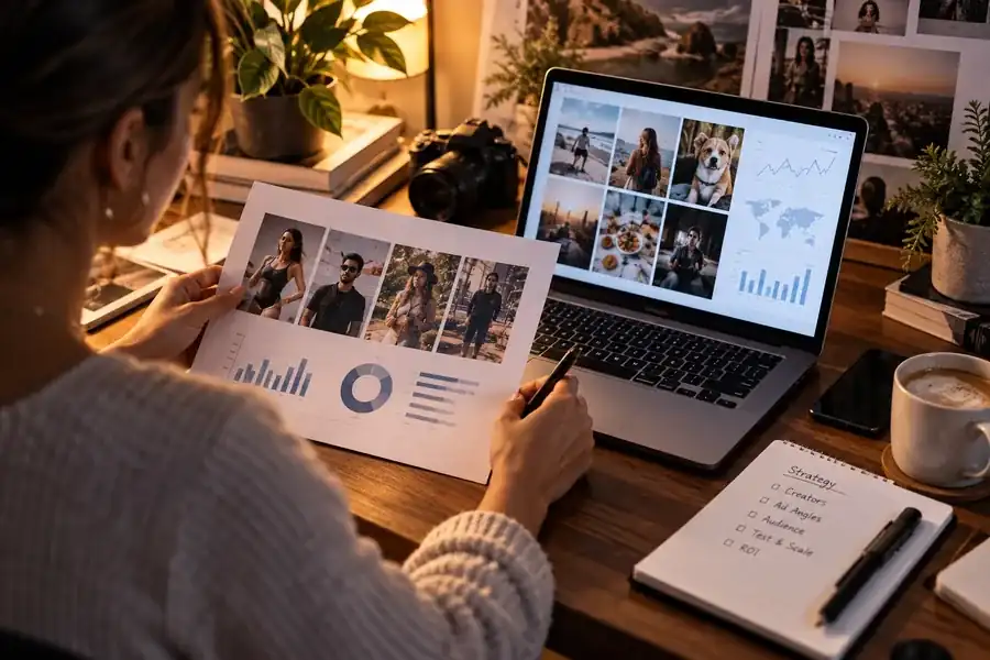 Hands reviewing a product and affiliate dashboard on a desk with warm editorial lighting.