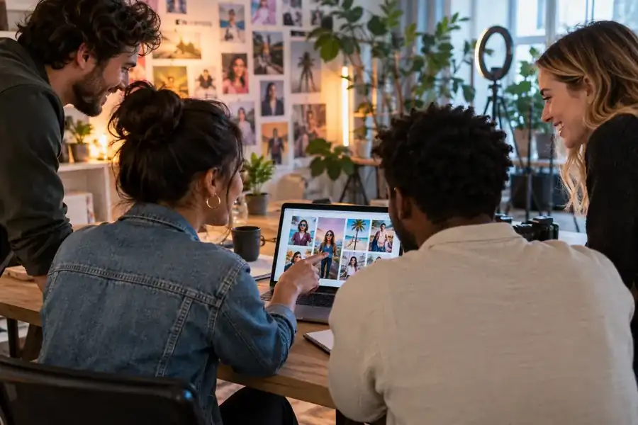 Small creative team reviewing influencer campaign results on a laptop in a lively studio.