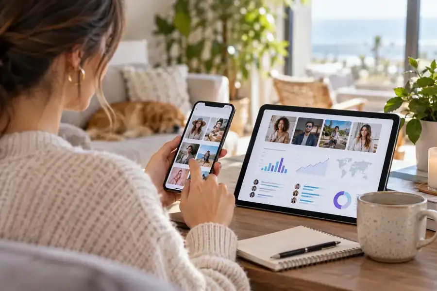 Hands shopping on a smartphone beside a tablet in a bright modern home setting.