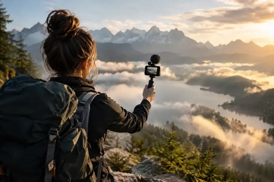 Influencer filming a campaign story outdoors beside a misty mountain landscape.