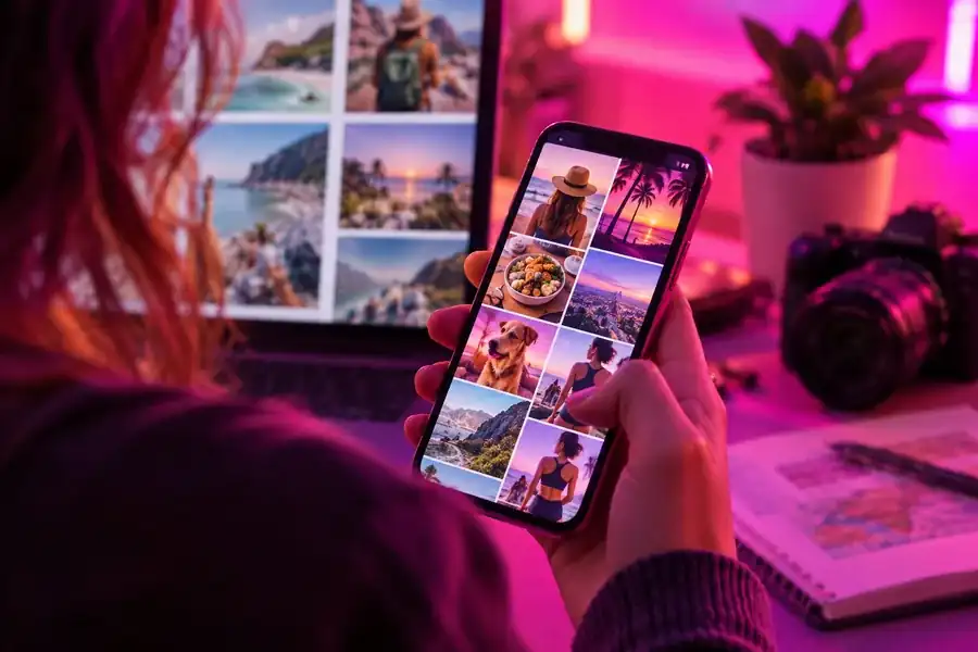 Close-up of a colorful social media app screen with a vivid magenta gradient.