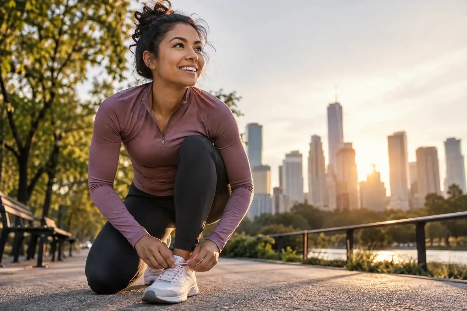 A diverse fitness creator preparing for a run in an urban park with energetic editorial framing.