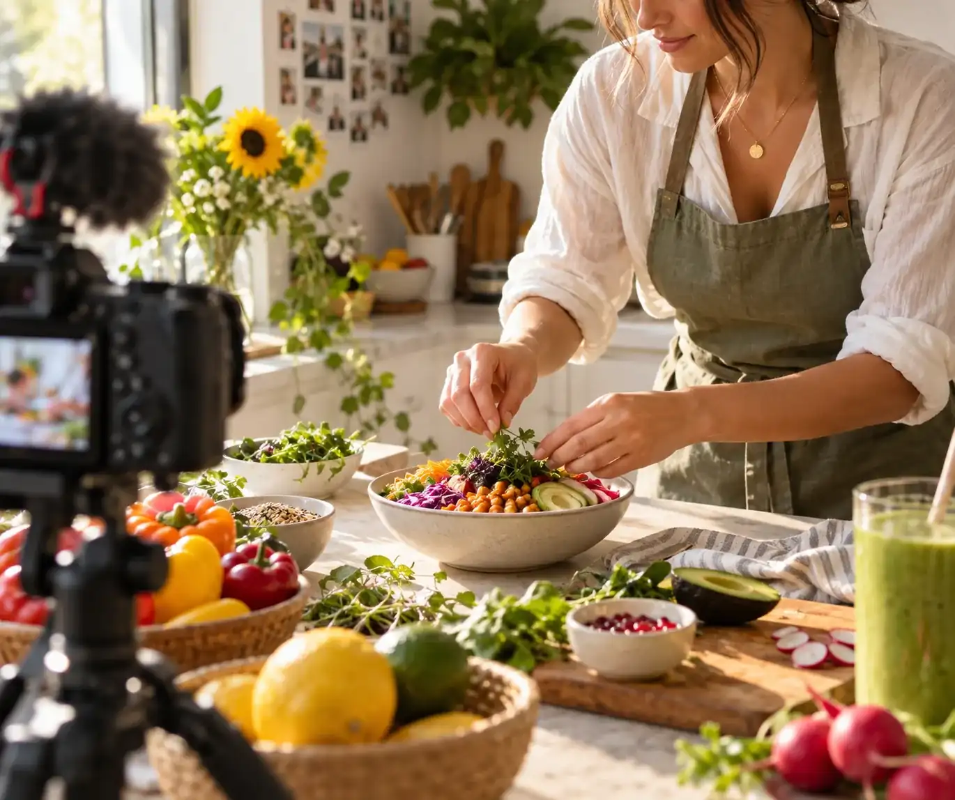 A food creator styling colorful ingredients on a sunlit kitchen counter with playful editorial energy.