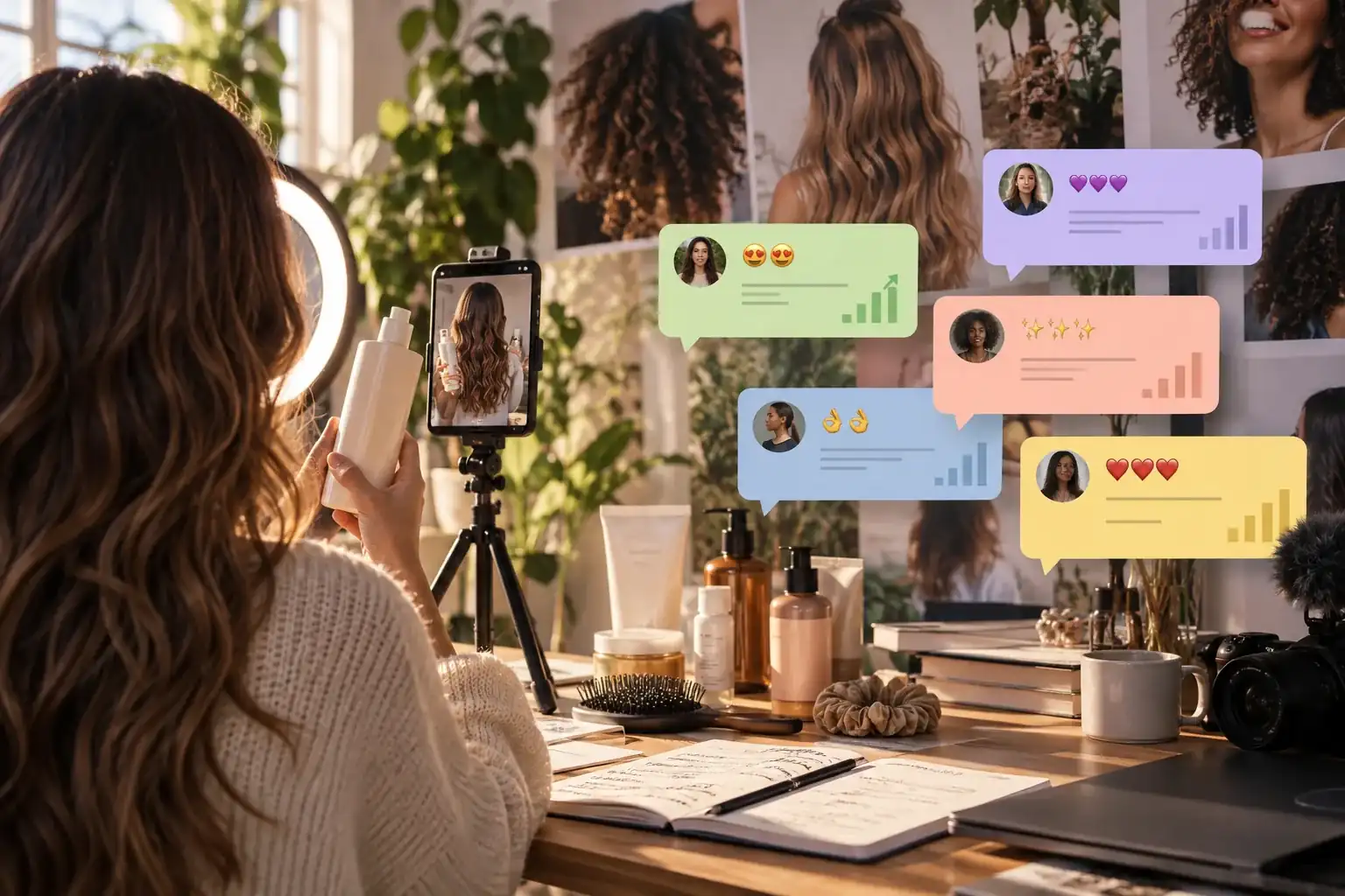 Haircare creator campaign article cover showing product, creators, and colorful comment analysis cards.