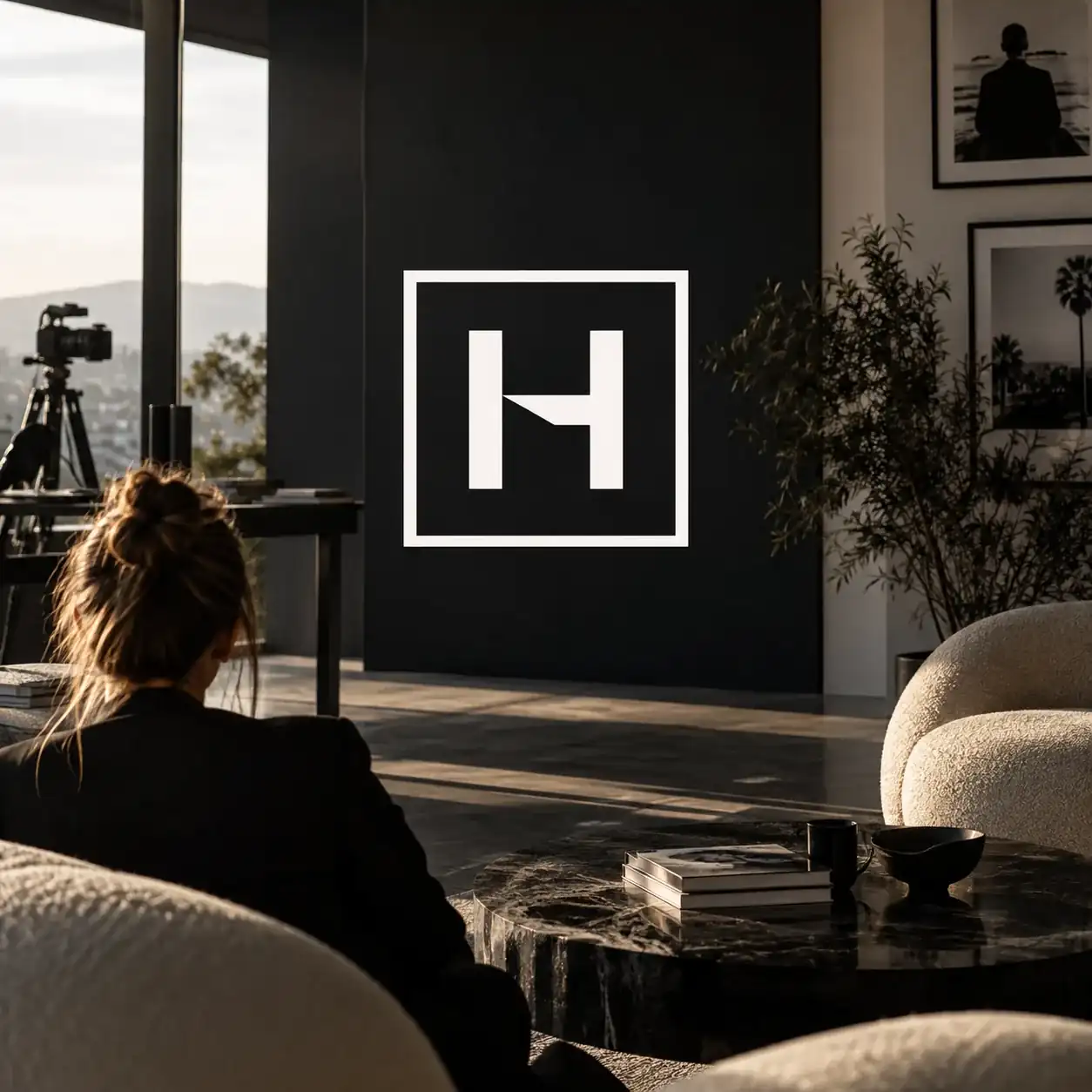 Simple boxed H agency mark in black and white with a premium feel.
