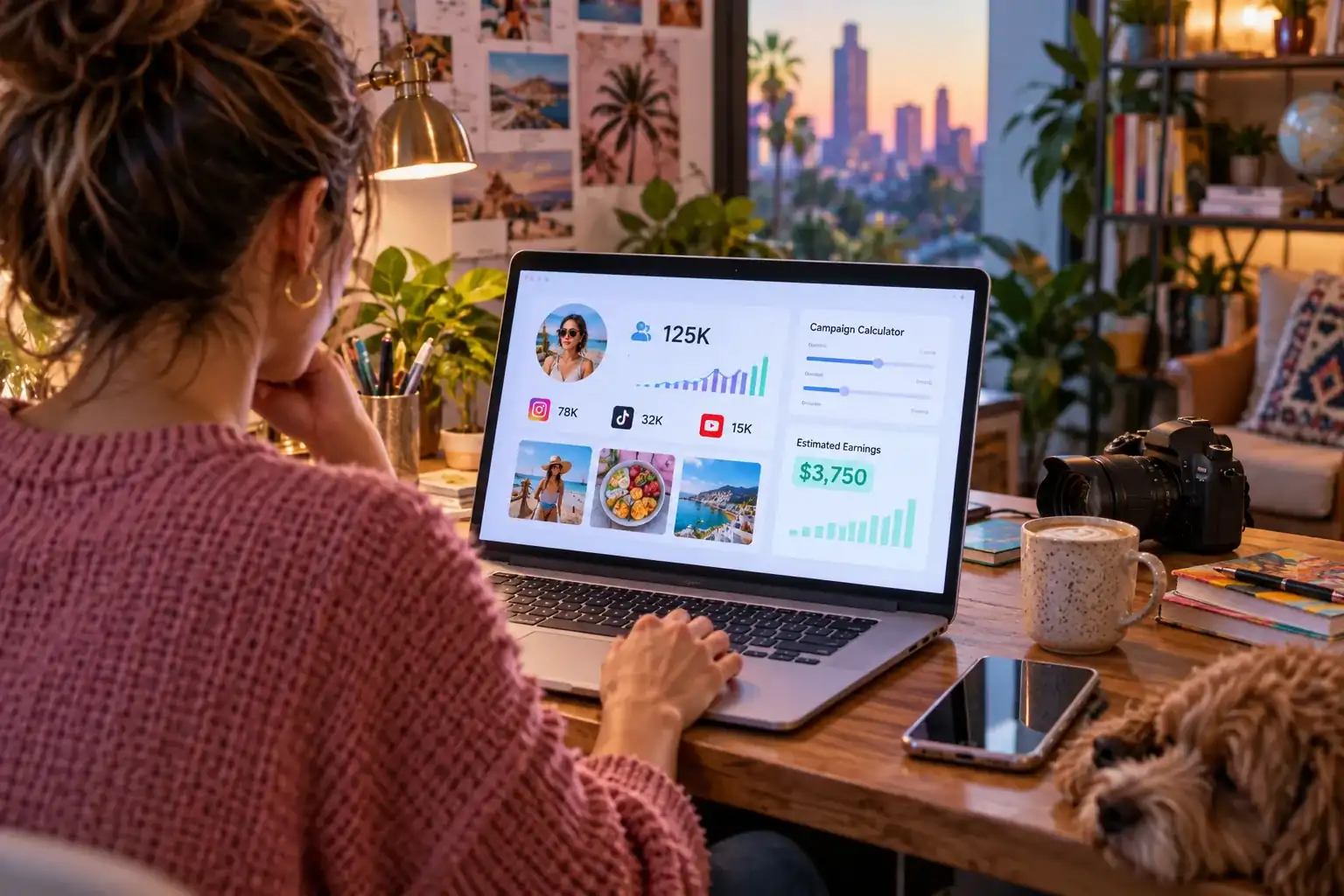 Instagram campaign calculator interface with follower metrics and estimated earnings in a colorful workspace.