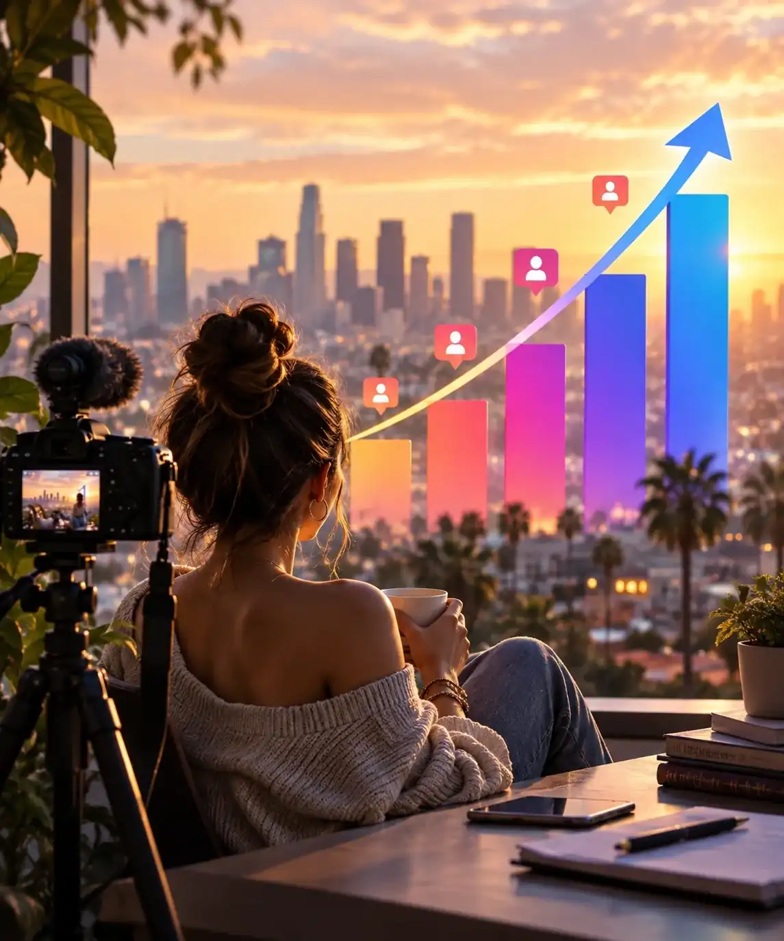 Instagram follower growth guide cover with a colorful rising chart and creator profile.