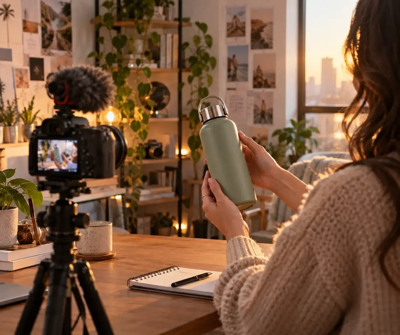 Reusable water bottle and creator product review setup in a warm lifestyle studio.