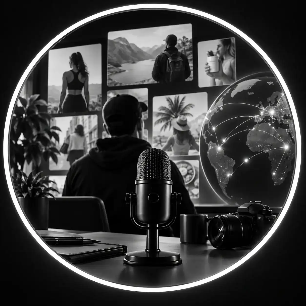 Round podcast platform emblem with a modern black and white interface aesthetic.
