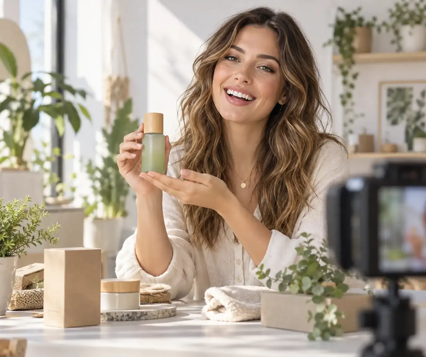A beauty creator presenting sustainable skincare in a bright studio with a fresh optimistic mood.