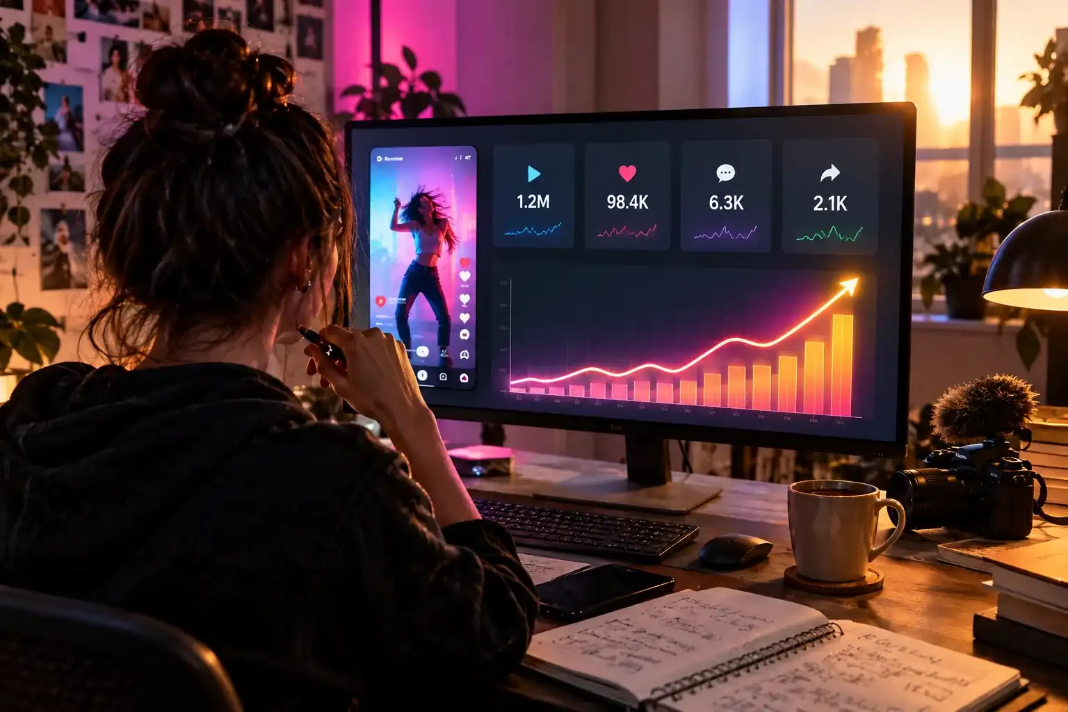 TikTok creator calculator interface with engagement metrics and a bright earnings chart.