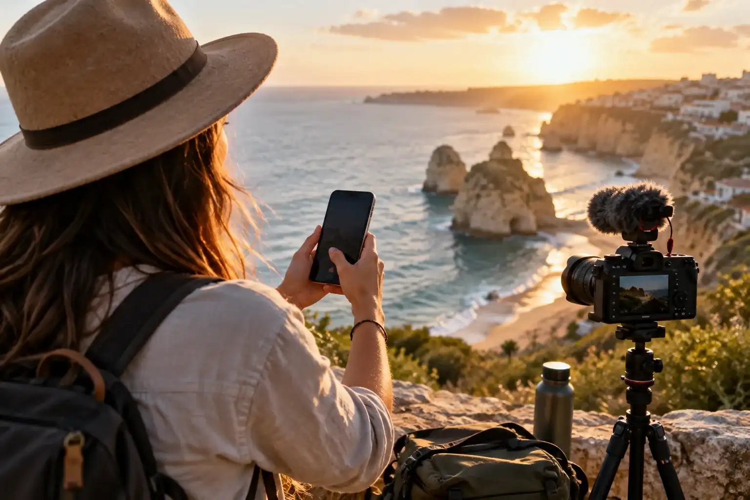 A travel creator filming a mobile app experience beside a scenic coastline in warm natural light.