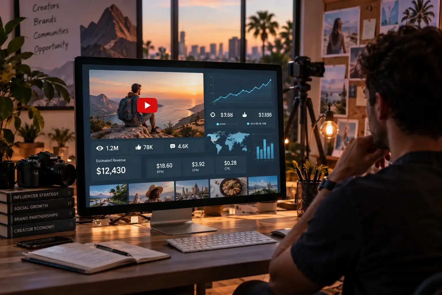 YouTube creator calculator interface with video metrics, revenue estimates, and a red play icon.