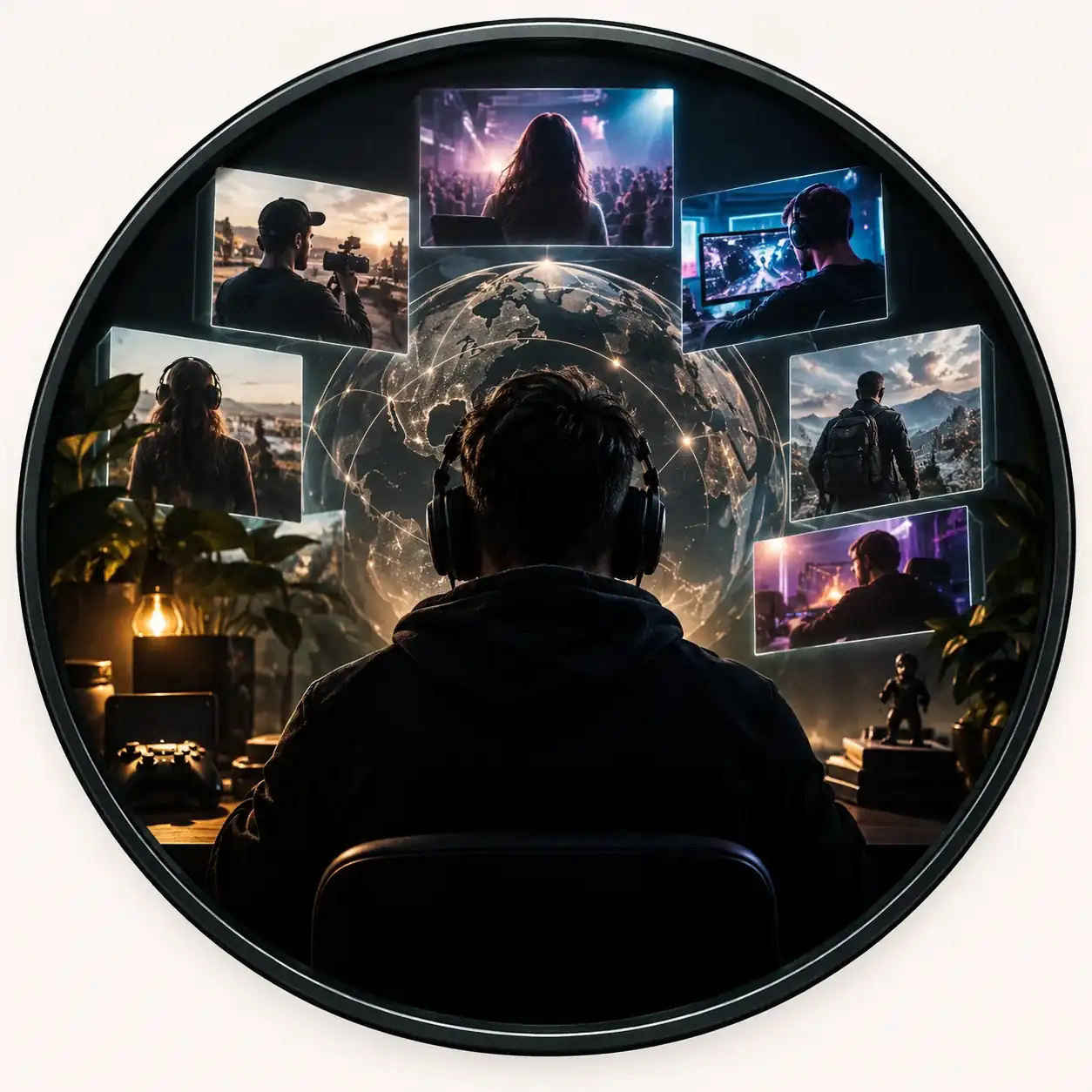 Dark circular gaming creator agency emblem on a pale background.